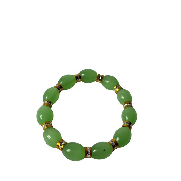 Green Glass Beaded Stretchy Bracelet With Goldtone Silvertone Accents - Picture 2 of 4